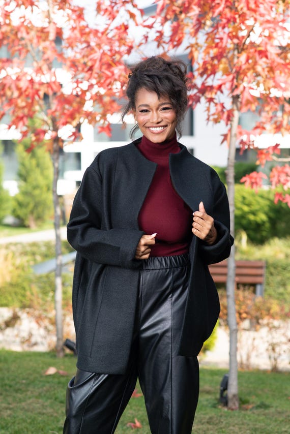 Chaqueta negra, chaqueta de primavera, abrigo de lana para mujer