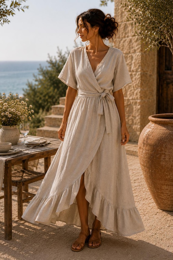 flowy robe dress Linen Wrap Dress, Linen Dress, Linen Summer Clothes, Wrap Dress, Linen Tulip Dress, Cocktail Dress, Bohemian Dinner Dresses Elementary