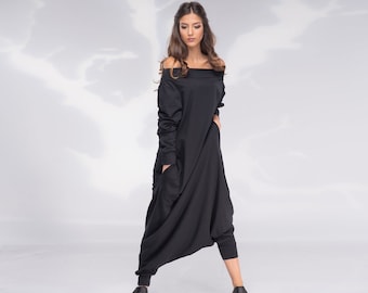 Mono Harem para mujer, mono negro, mono con entrepierna caída, ropa de talla grande, mono de gran tamaño, mono con hombros descubiertos, vanguardia