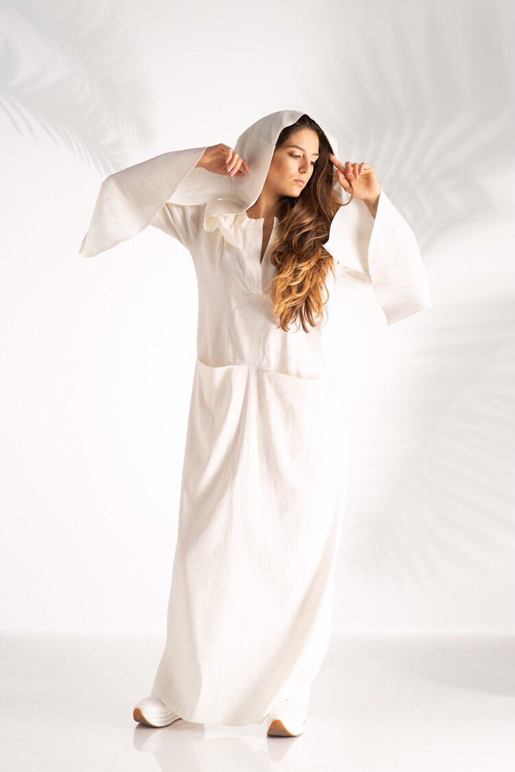 knee length dresses for ladies 100% Linen Hooded Pullover Maxi Dress Rebecca, Natural Linen / XL