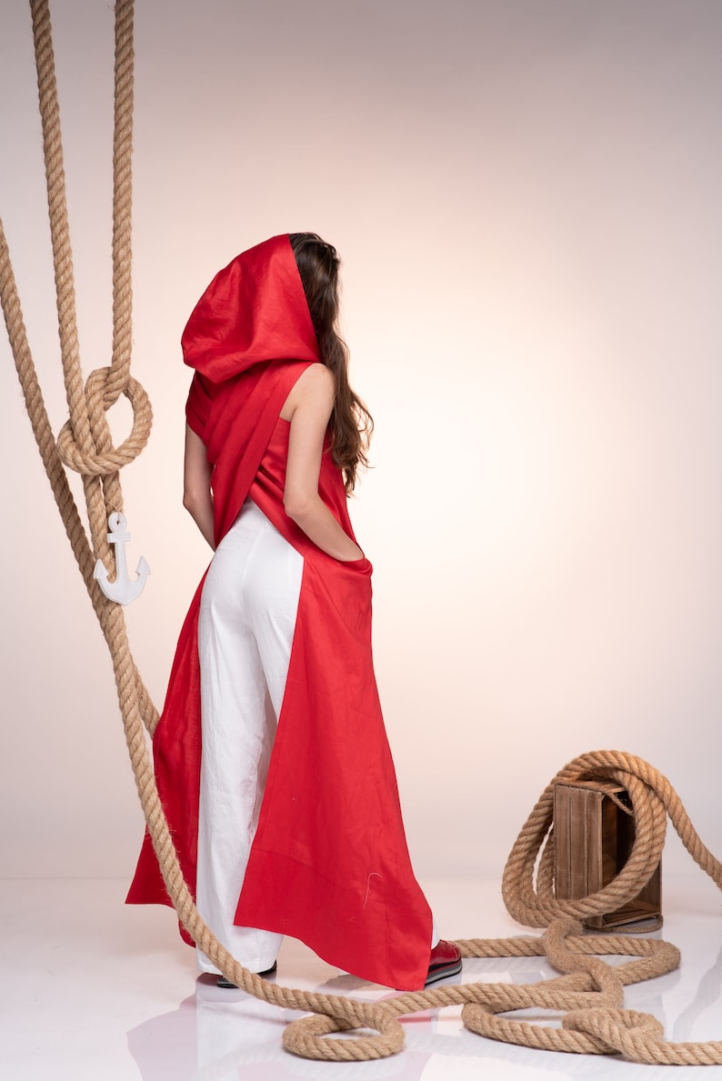 Hooded tunic top in futuristic style, women avant garde clothing available in plus sizes and other colors. Linen Clothing Red