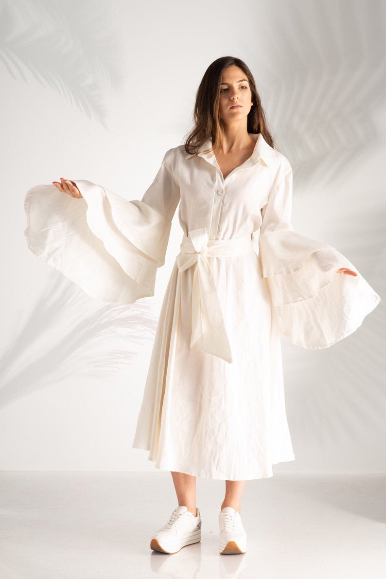 Vestido de lino, vestido de lino para mujer, Kaftan de lino blanco, ropa de lino hecha a mano, ropa de talla grande, vestido de marfil boho, vestido de novia extravagante imagen 3