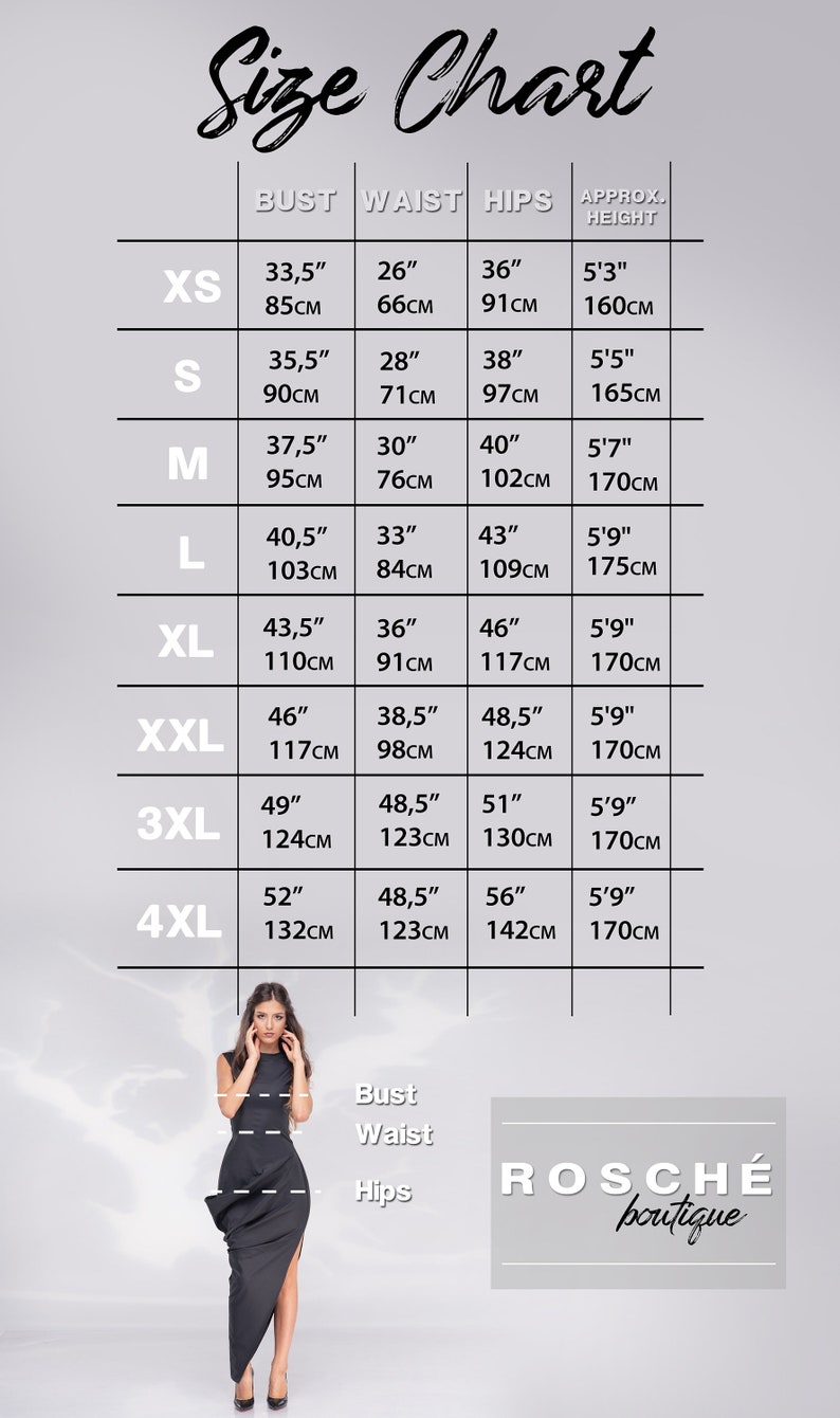 May include: Size chart for clothing with measurements in inches and centimeters. The chart includes bust, waist, hips, and approximate height measurements for sizes XS to 4XL. The chart also includes the text "ROSCH&Eacute; boutique".
