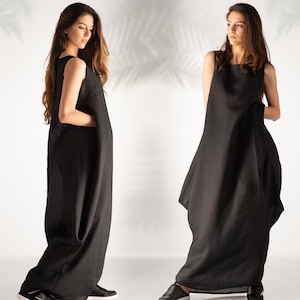 Avant Garde Dress, Futuristic Clothing, Mid Century Modern, Whimsigoth, Black Linen Dress, Plus Size Dress, Extravagant Dress, Summer Style