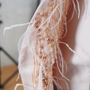 May include: A close-up of a pink dress with a feather and sequin embellishment on the sleeve.