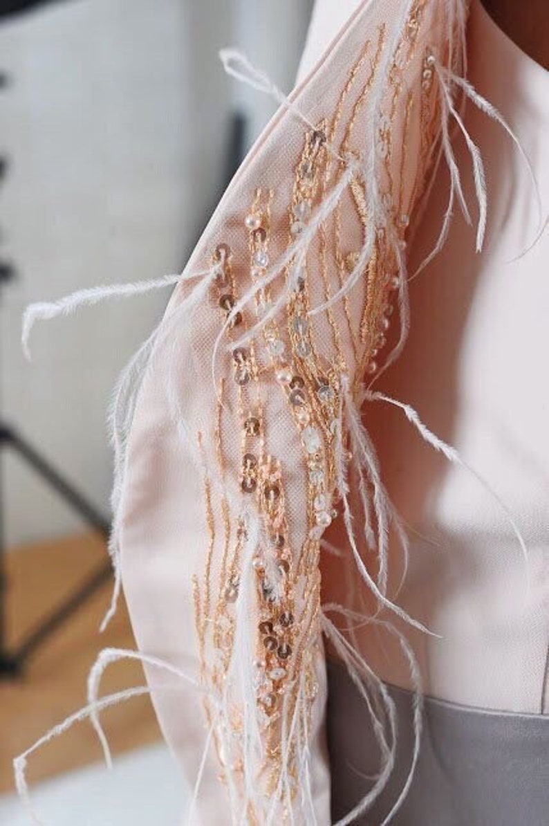 May include: A close-up of a pink dress with a feather and sequin embellishment on the sleeve.