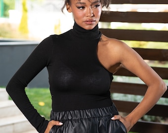 Black One Shoulder Top, Sexy Party Sweater, Cyberpunk Clothing, Turtleneck Top, Womens Clothing, Plus Size Clothing, Avant Garde Blouse