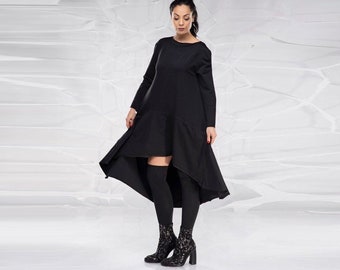 Black Dress, Women Black Dress, Sweatshirt Dress, Black Asymmetric Dress, Black Casual Dress, Minimal Dress, Plus Size Clothing