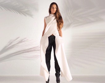 White futuristic linen tunic for women, avant garde clothing available in plus sizes. Linen Clothing