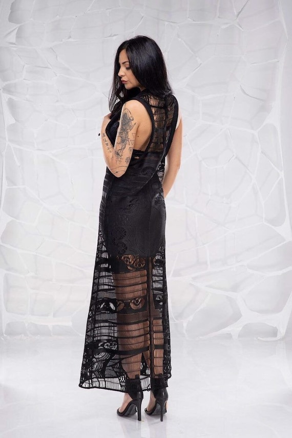 Abito trasparente abito in pizzo nero abito lungo caftano nero costume di Halloween abito stravagante abito da sera stile autunnale abito sexy Etsy Italia