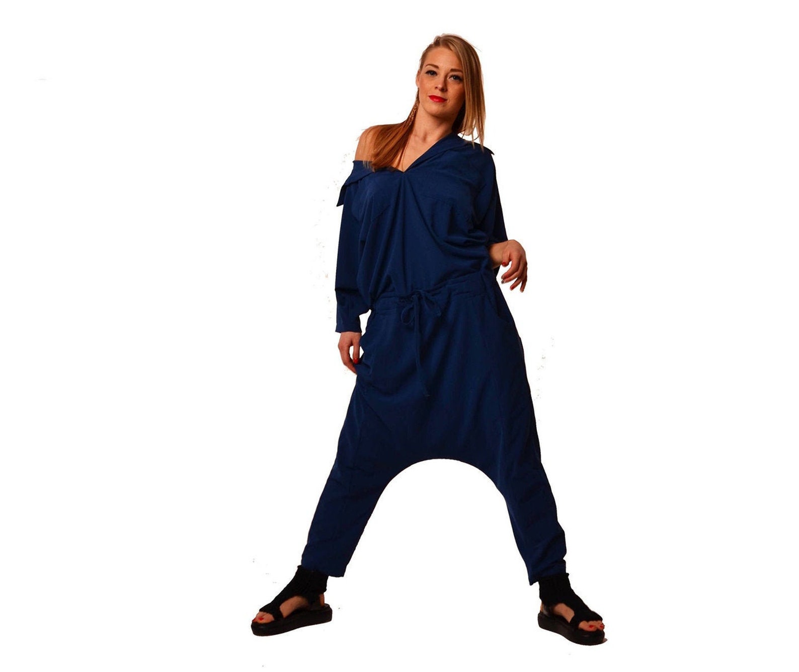 Harem Oversize Jumpsuit Blue Lounge Jumpsuit Plus Size Etsy
