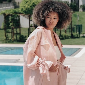 Pale Pink Linen Shirt Top with Long Sleeve ~ Light Pink Linen Jacket  ~ Linen Summer Clothes