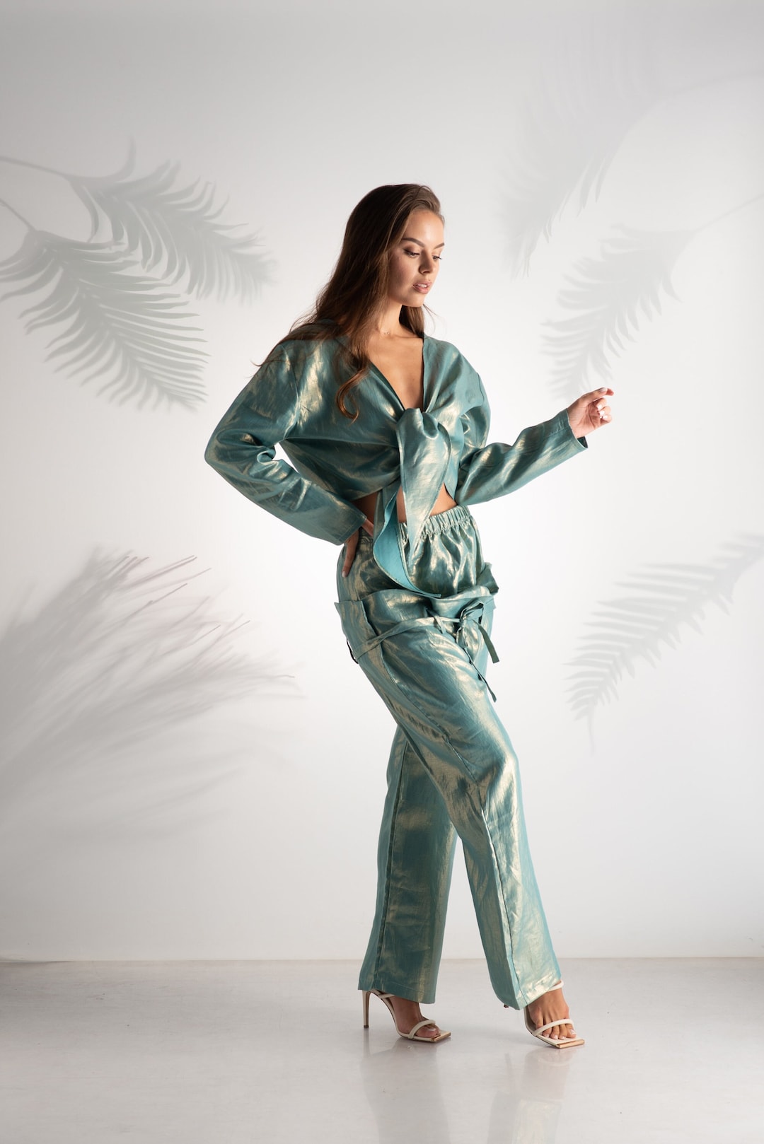 Handmade Coffee Oversized Print Linen Two-Piece Set Spring