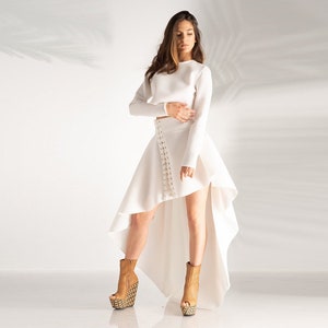 Womens Clothing Set, White Neoprene Skirt and Top, Boho Wedding Dress Set, Asymmetric Skirt, Formal Women&#39;s Dresses, Plus Size Clothing