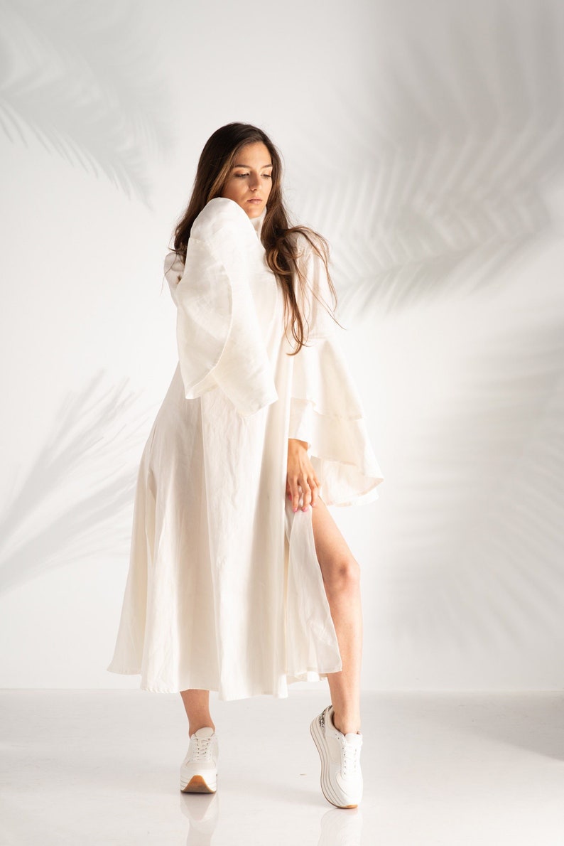 Vestido de lino, vestido de lino para mujer, Kaftan de lino blanco, ropa de lino hecha a mano, ropa de talla grande, vestido de marfil boho, vestido de novia extravagante imagen 5