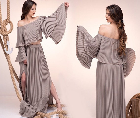 Conjunto de ropa para mujer falda larga plisada top de manga ancha vestido de invitada de boda madre de la novia ropa de talla grande RoscheBoutique Etsy Mexico