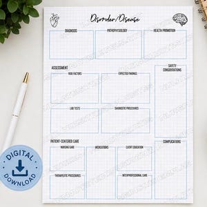 May include: A white paper study sheet with a grid pattern, featuring the title Disorder/Disease, a heart and brain illustration, and labeled sections for diagnosis, pathophysiology, health promotion, assessment, risk factors, and patient care.