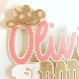May include: A layered paper cake topper featuring the name Olivia in pink script font, topped with a tan and light pink cow print cowboy hat. Below the name, the white and tan text reads 1st Rodeo, all set against a white background.