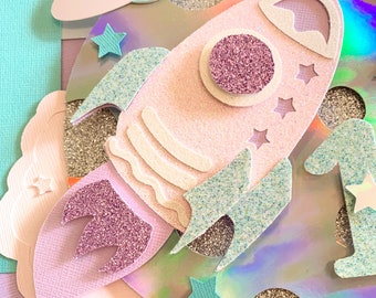Rocket Ship Cake Topper, Glitter Outer Space Birthday Party Decoration