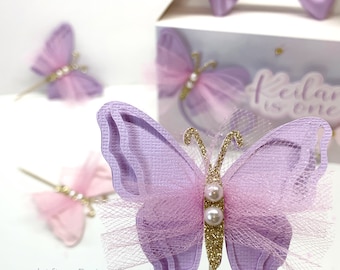 Butterfly Cupcake Toppers: Pink & Purple Tulle, Pearl Party Decor