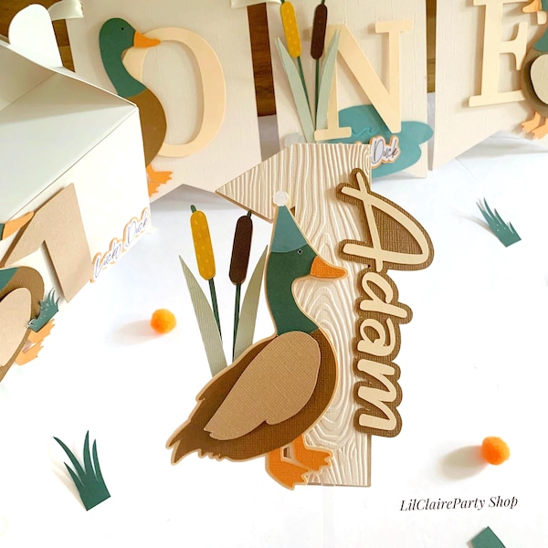 Lucky Duck 1st Birthday Decor, Mallard Cake Topper & Banner