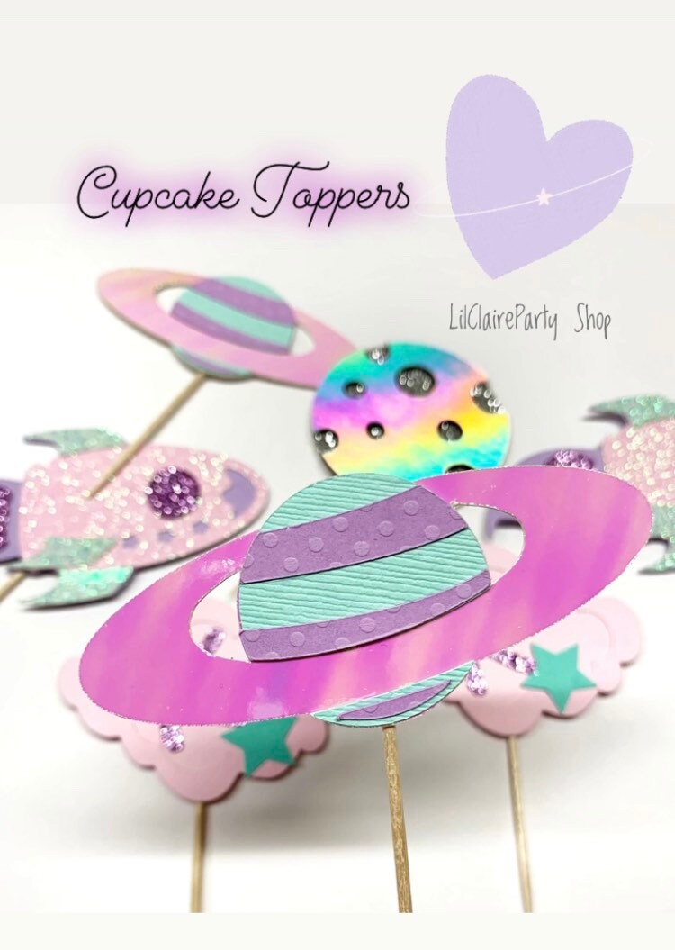 Space Birthday Cupcake Toppers, Rocket, Planet Party Decor - Set of 12
