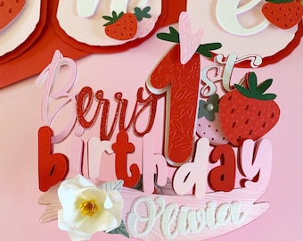 Strawberry 1st Birthday Cake Topper, Berry Sweet Party Decor