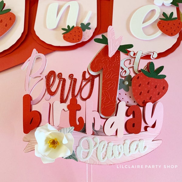 Strawberry cake topper, Berry First Birthday, strawberry themed birthday, smash cake topper,  sweet one cake topper