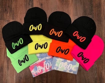 OwO Puff 3D Embroidered Cuffed Beanie, Neon, Tie Dye, Raver, Unique Gift, Furry Accessory