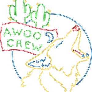 K&ouml;nnte beinhalten: Neon-Schild mit einem heulenden Coyote und Kakteen, mit dem Text "AWOO CREW" auf einem roten und gr&uuml;nen Banner.