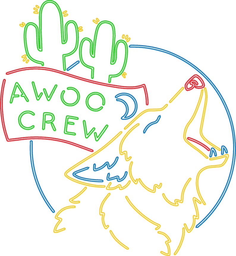 K&ouml;nnte beinhalten: Neon-Schild mit einem heulenden Coyote und Kakteen, mit dem Text "AWOO CREW" auf einem roten und gr&uuml;nen Banner.