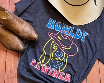 Howldy Pawtner Screen Printed Graphic Tee, Cowboy Hound Design, Western Dog Shirt, Unique Fursuit Accessory, Furry Fandom Gift