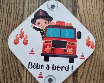 Personalized baby on board car plate with first name - firefighter