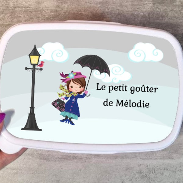 Boîte à goûter enfant personnalisée avec prénom - modèle mary poppins / fille parapluie