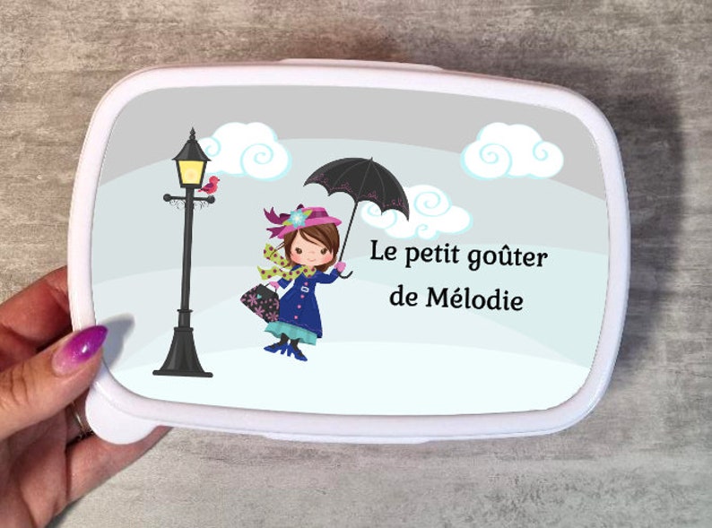 Boîte à goûter enfant personnalisée avec prénom modèle mary poppins / fille parapluie image 1