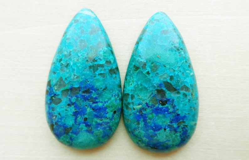 Chrysocolla with Azurite Pair Pear Form Cabochons