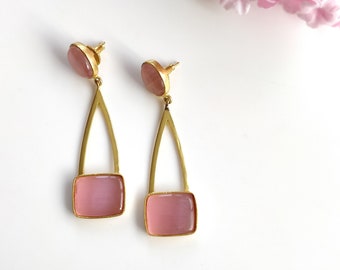 Brass Gold Plated Pink Monalisa Pink Cats eye Quartz Gemstone Summer Beach Earrings for Mothers Day Oval and Square Shape