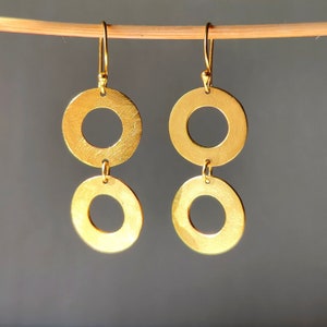18k Gold Dangle Drop Circle Earrings, Handmade Ear Wire Earrings, Gold Circle Earrings, Gold Disc Earrings, Women Earrings, Gift for Her
