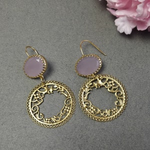 Circle Filigree Drop Dangle Earrings Gold, Lightweight Circle Drop Statement Earrings, Gift For Her, Rose Quartz Gemstone Delicate Earring