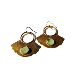Round Faceted Green Chalcedony Gemstone Handmade Brass Gold Plated Big Mapal Leaf Design Drop Hook Earrings Jewelry Gift for her image 3
