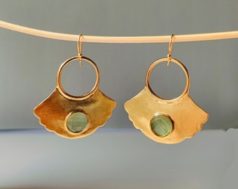 Round Faceted Green Chalcedony Gemstone Handmade  Brass Gold Plated Big Mapal Leaf Design Drop Hook Earrings Jewelry Gift for her