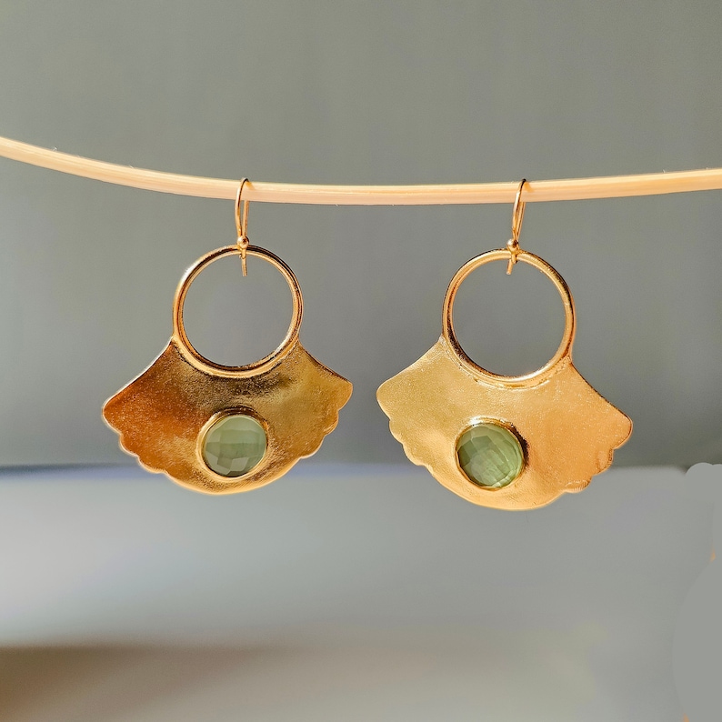 Round Faceted Green Chalcedony Gemstone Handmade Brass Gold Plated Big Mapal Leaf Design Drop Hook Earrings Jewelry Gift for her image 1