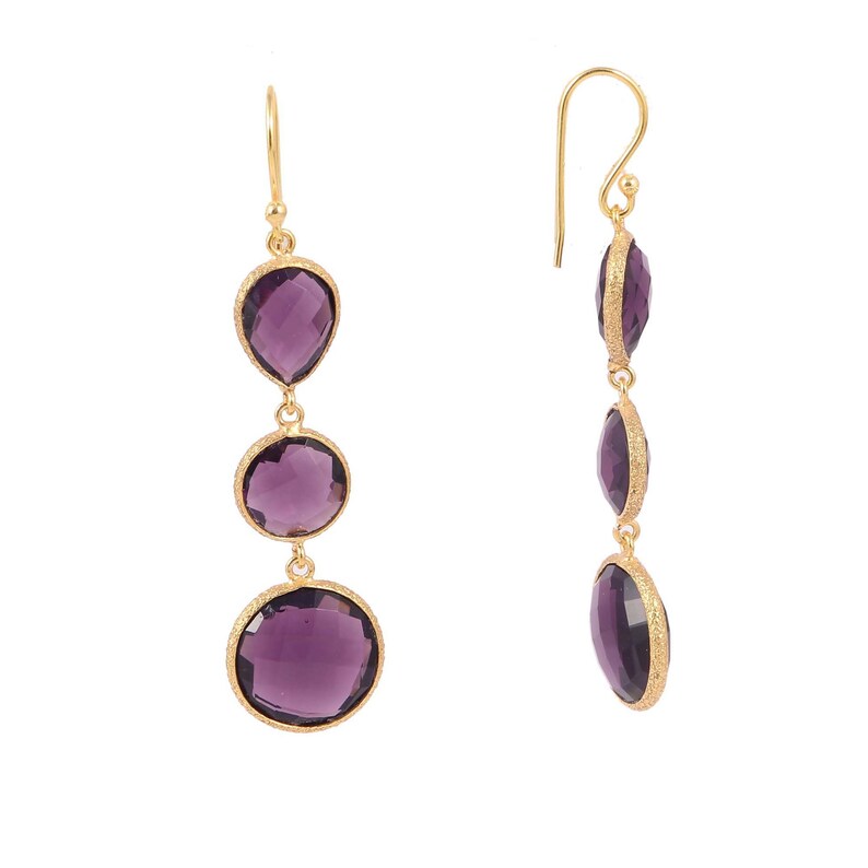 925 Sterling Silver Brass Dangle Gold Plated Bezel Set Quartz Amethyst Rhinestone Boho Handmade Quartz Double Round Dangle Teardrop Earring