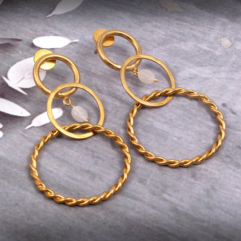 Silver Brass Gold Plated Dangle Three Round Circles Quartz Crystal Light Grey Bead Boho Handmade Stud Push Back Light Weight Fashion Earring