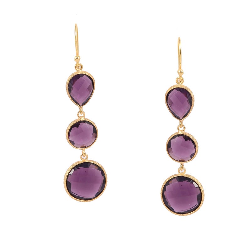 925 Sterling Silver Brass Dangle Gold Plated Bezel Set Quartz Amethyst Rhinestone Boho Handmade Quartz Double Round Dangle Teardrop Earring