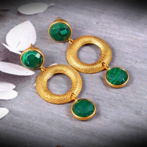 Gold Textured Circle Earrings with Green Gemstone | Handmade Dangle Drop Earrings | Modern Boho Jewelry for Women | Gift for Her