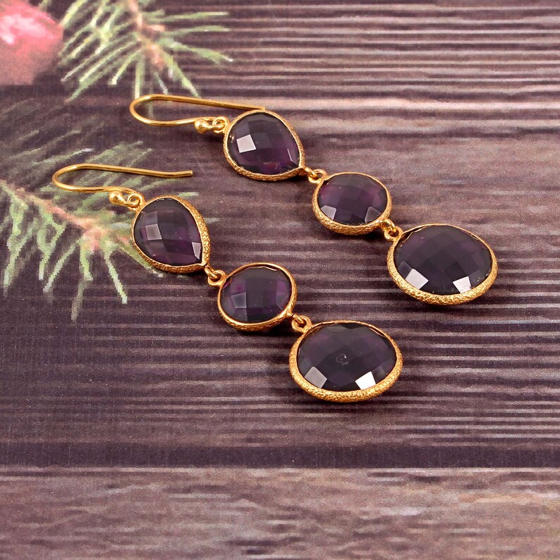 925 Sterling Silver Brass Dangle Gold Plated Bezel Set Quartz Amethyst Rhinestone Boho Handmade Quartz Double Round Dangle Teardrop Earring
