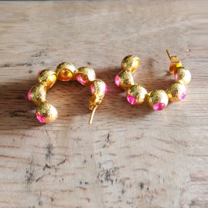 Gold Plated Pink Stone Hoop Earrings | Textured Indian Jhumka Style Hoops | Ethnic Party Wear Earrings for Women | Handmade Festive Jewelry