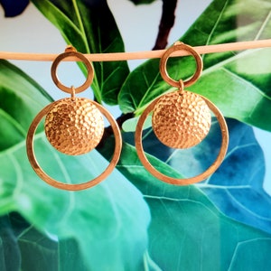 Classic Hammered Design Brass Earrings - Handmade Circular Earrings - Textured Earrings - Round Earrings - Dangle Drop Earrings