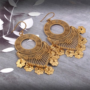18k Gold Plated Brass Flower Charms Filigree Statement Dangle Drop Earring - Handmade Designer Long Earrings - Gift for Her-Anniversary Gift